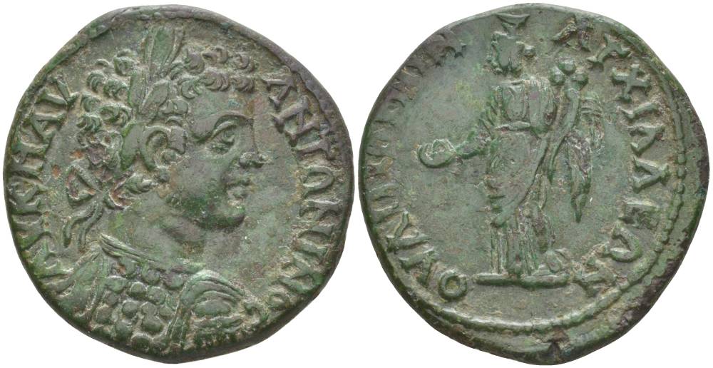 Римская Империя, Провинция Фракия, Анхиал АЕ 198 - 217 Каракалла, бюст императора / Омонойя, божество Согласия, 9,88 гр Varbanov 368 медь 1073-22-33