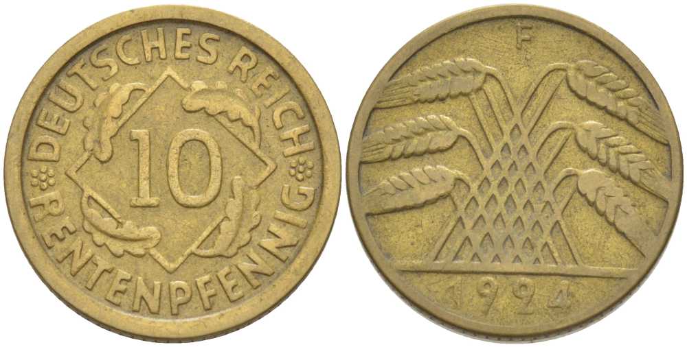 ГЕРМАНИЯ 10 РЕНTЕНПФЕННИГОВ 1924 F KM 33, J. 309, Weege 8 алюминиевая бронза 210-326