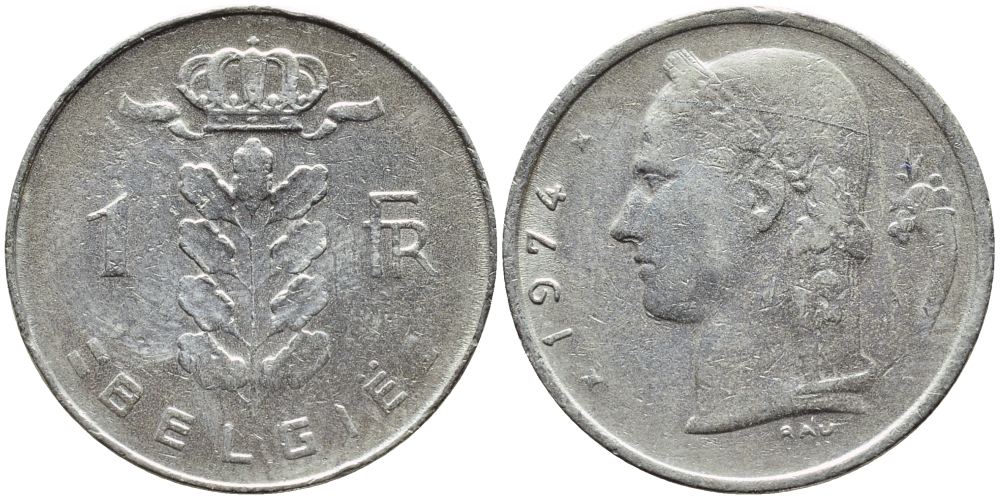 БЕЛЬГИЯ 1 ФРАНК 1974 BELGIE KM 143.1 медно-никель 4384-755