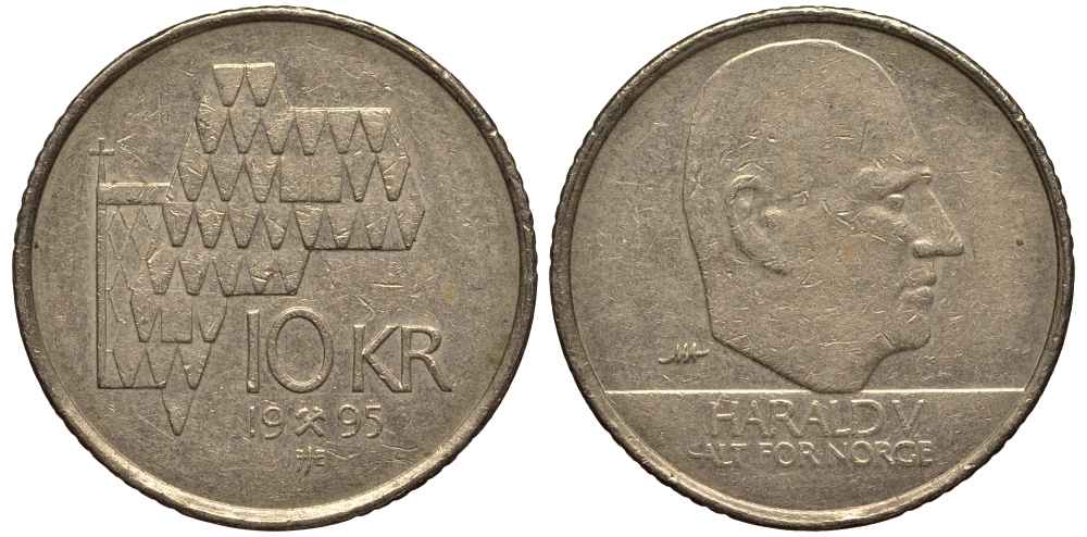 Норвегия 10 крон 1995 Харальд V (1991- ) KM 457 медь цинк никель VF 4182-547