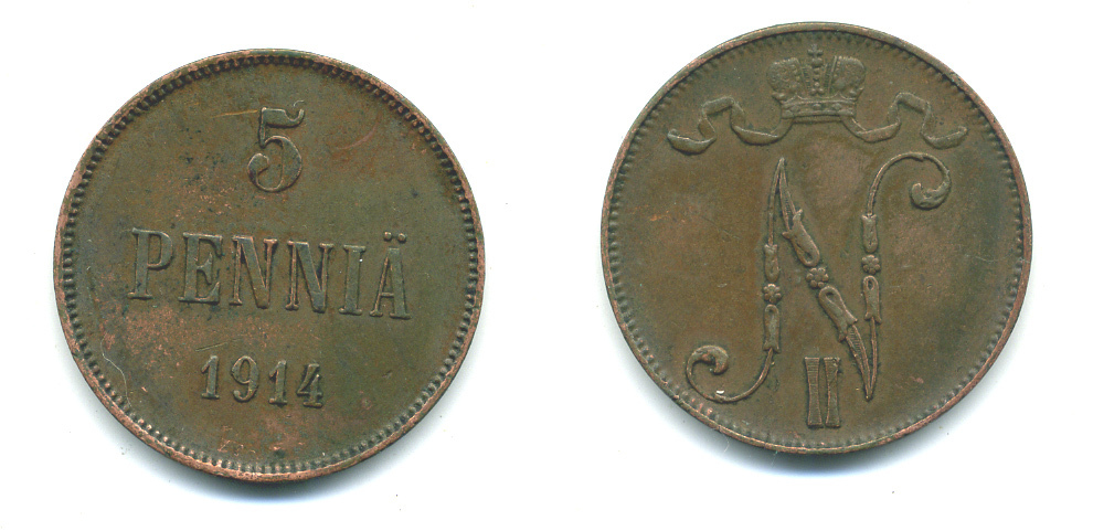 Россия для Финляндии 5 пенни 1914 Николай II (1894-1917) KM 15, Биткин 454 медь 4381-435