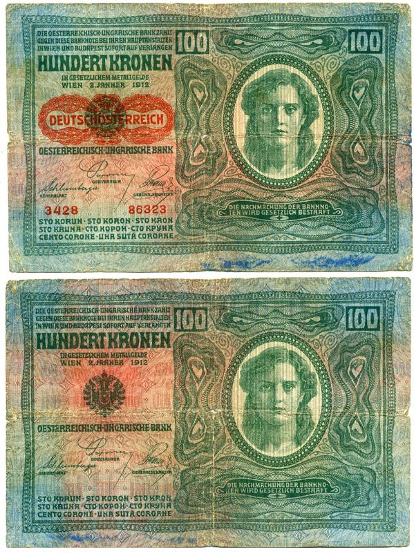 Австрия 100 крон 1912 (1919) красная надпечатка на Pick 12, на аверсе Pick 56 a бумага 444-20-1