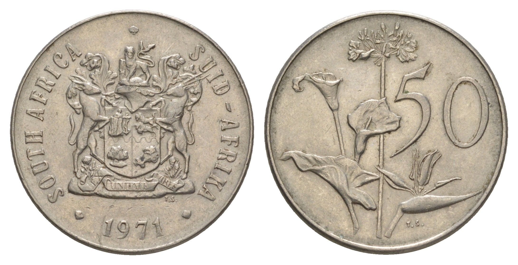 ЮАР 50 центов 1971 Зантедеския Эллиота (калла), герб KM 87 никель UNC 4546-717