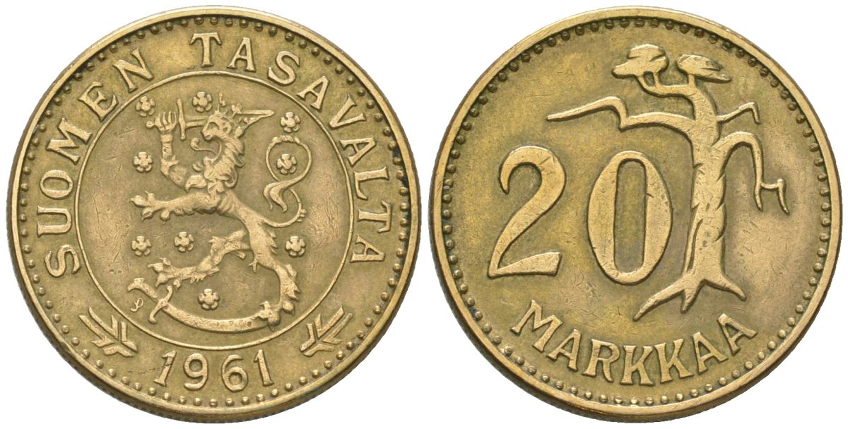Финляндия 20 марок 1961 S KM 39 алюминиевая бронза 4586-754