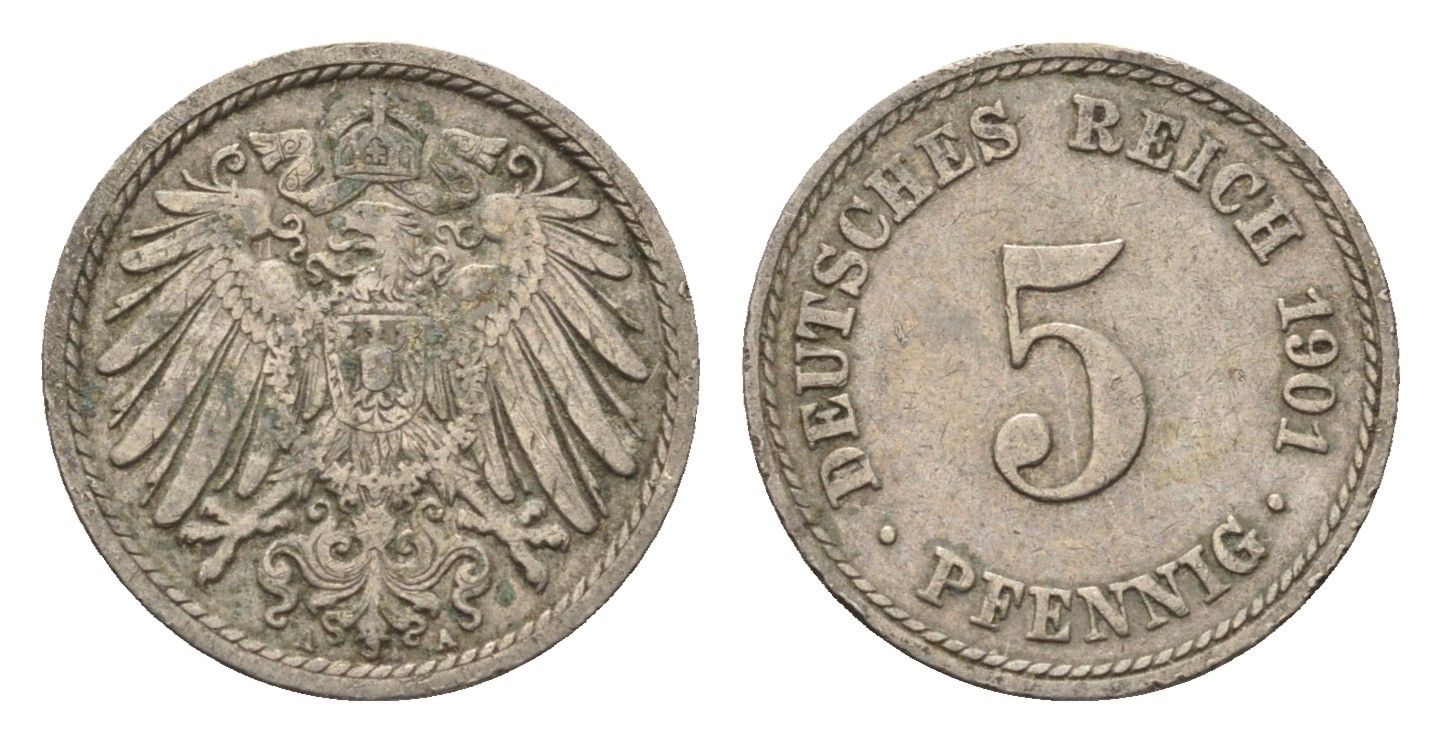 Германия 5 пфеннигов 1901 A KM 11, J. 12 медно-никель 4696-619