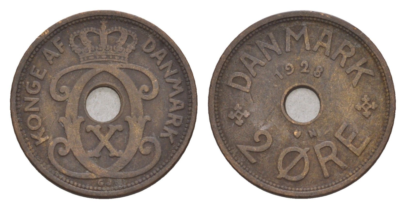 Дания 2 эре 1928 N, Кристиан X (1912-1947) KM 827 бронза 4658-221