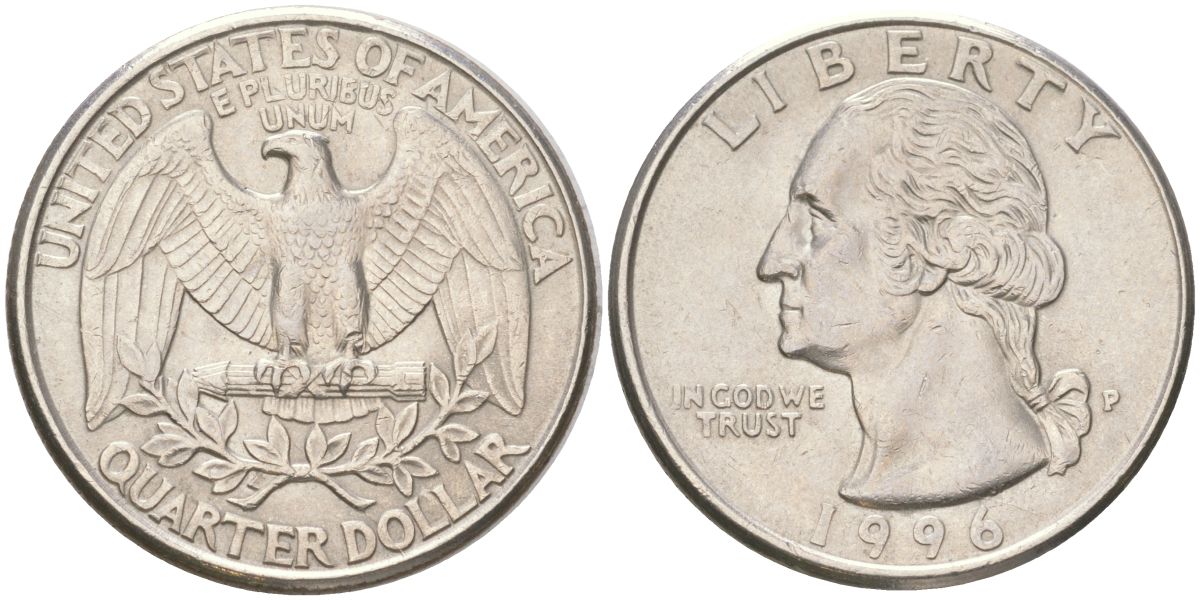 США 25 центов = квотер = 1/4 доллара 1996 P, Вашингтон KM 164a медь плакированная медно-никелем 4159-545