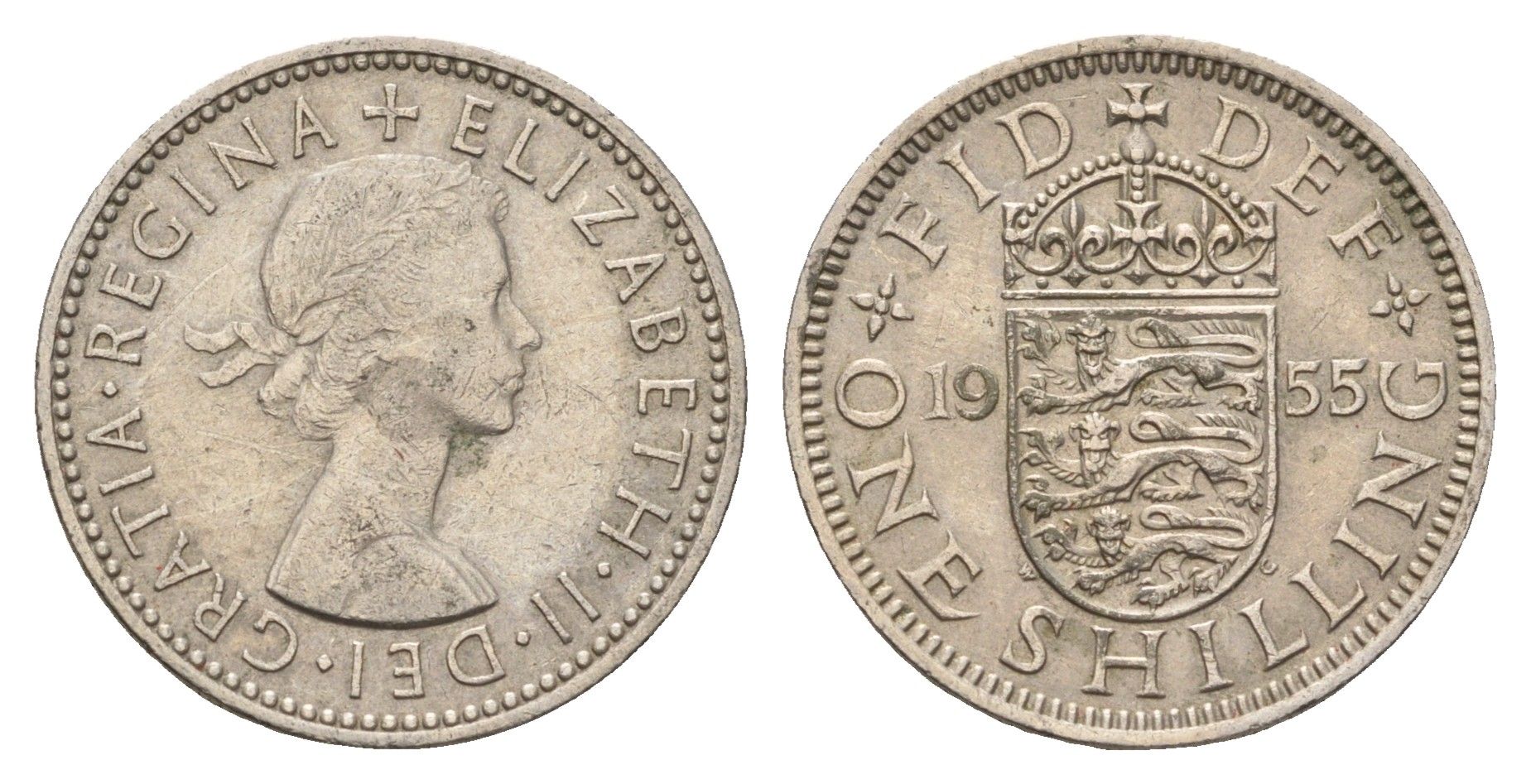 Великобритания 1 шиллинг 1955 Елизавета II (1952-2022), Английский герб KM 904, Spink 4147 медно-никель 4707-225