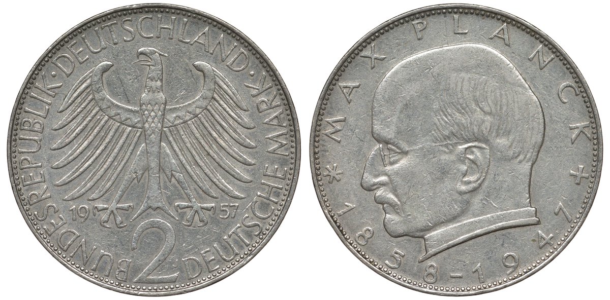 ФРГ 2 марки 1957 J , Макс Планк KM 116, J. 392 медно-никель плакированный никелем 72-233