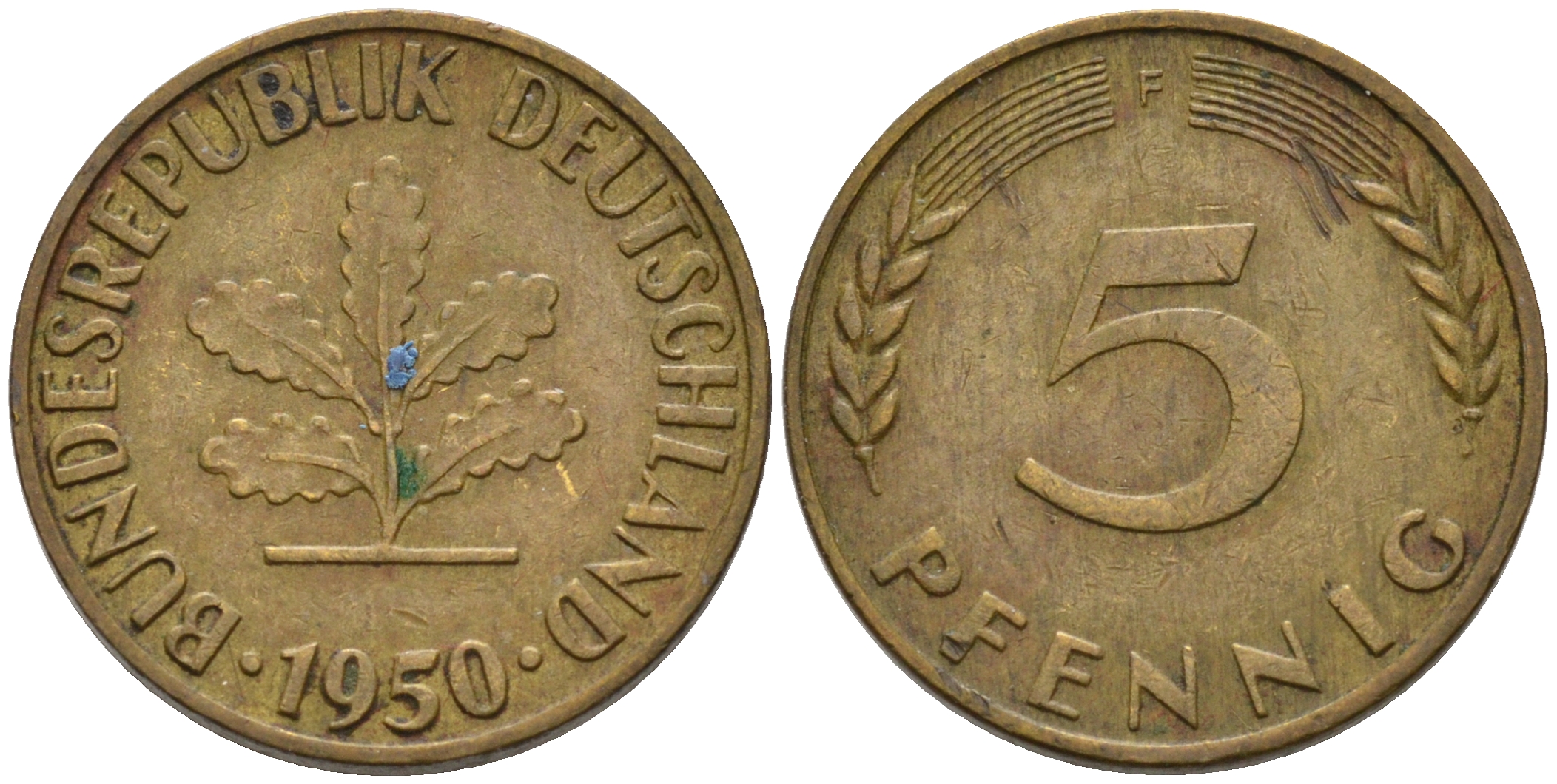 ФРГ 5 ПФЕННИГОВ 1950 F KM 107, J.382 сталь плакированная латунью 75-459