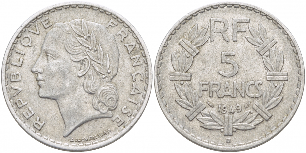 Франция 5 франков 1949 В, тип Лаврийе KM 888b.2, LE FRANC 339.19 алюминий 4403-315