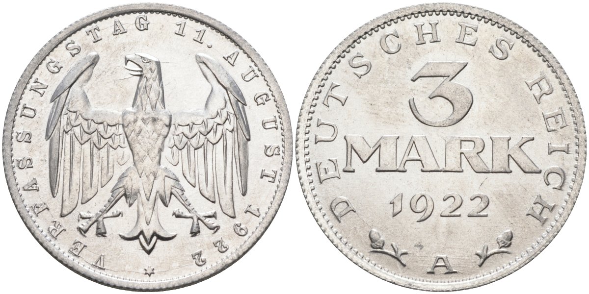 Германия 3 марки 1922 A, третья годовщина Веймарской Конституции KM 29, J.303 алюминий UNC 4587-236