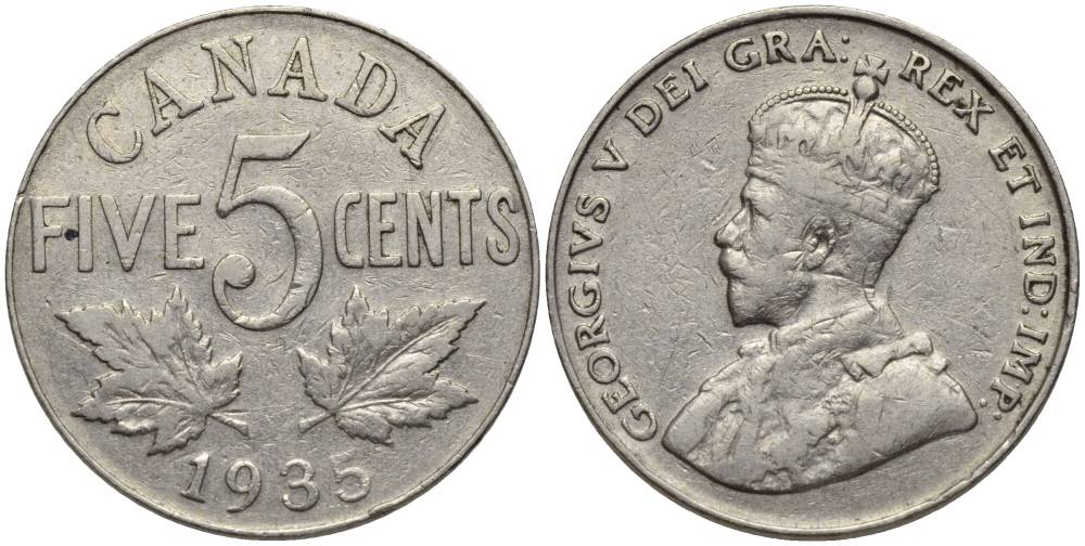 КАНАДА 5 ЦЕНТОВ 1935 ГЕОРГ V (1910-137) KM 29 никель 27-513