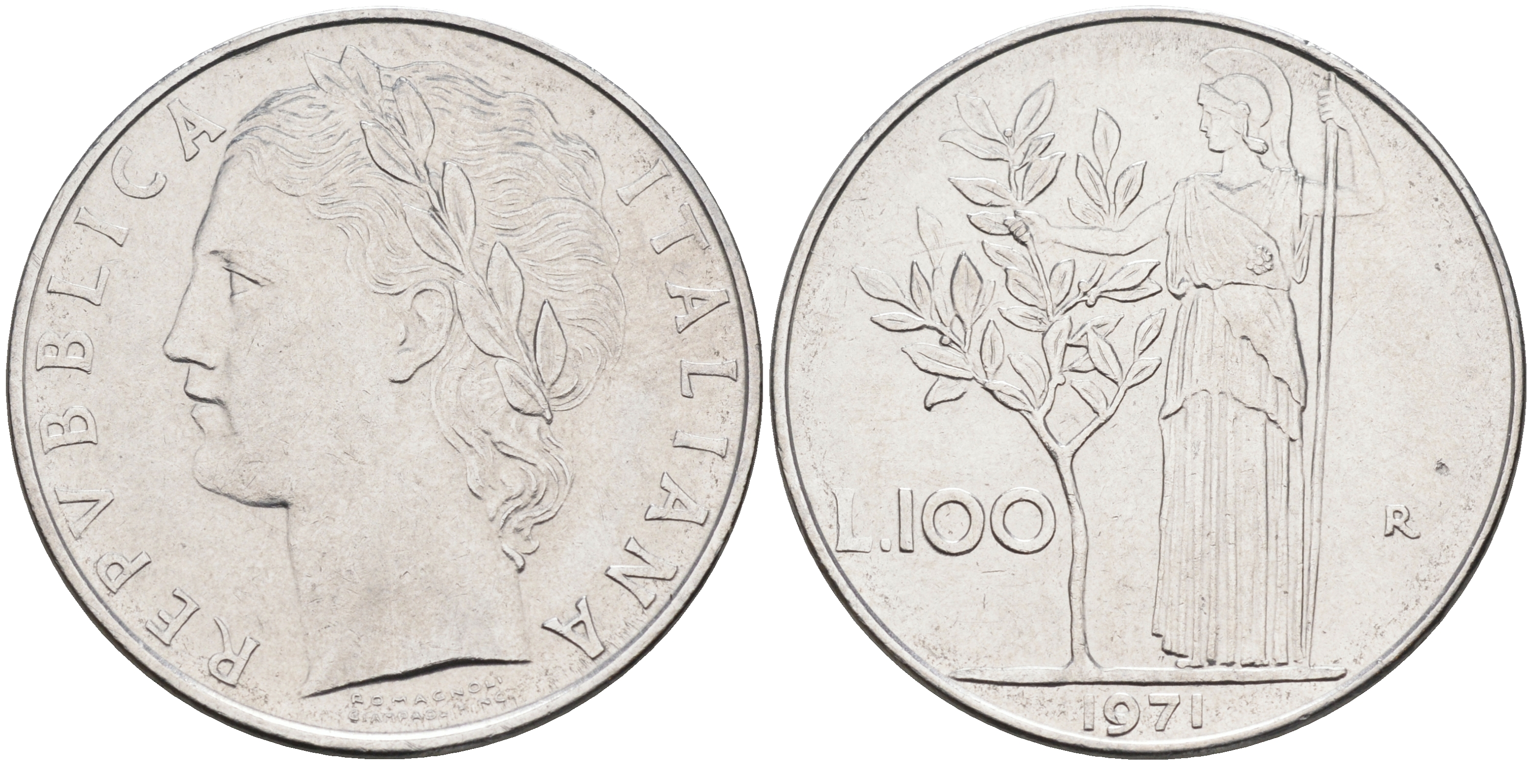 Италия 100 лир 1971 R, Афина KM 96.1 нержавеющая сталь 4117-326