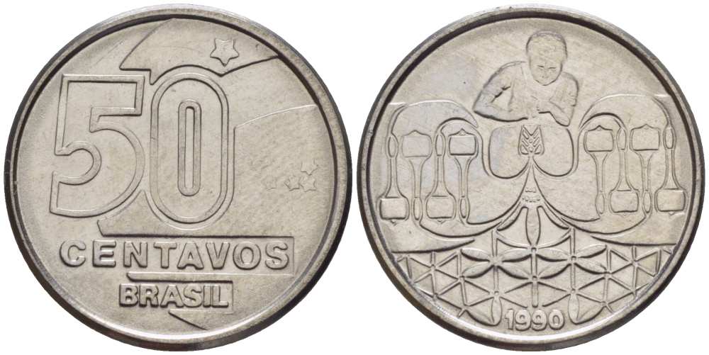 БРАЗИЛИЯ 50 СЕНТАВО 1990 РЕФОРМА 1989-1990 KM 614 нержавеющая сталь 116-1267