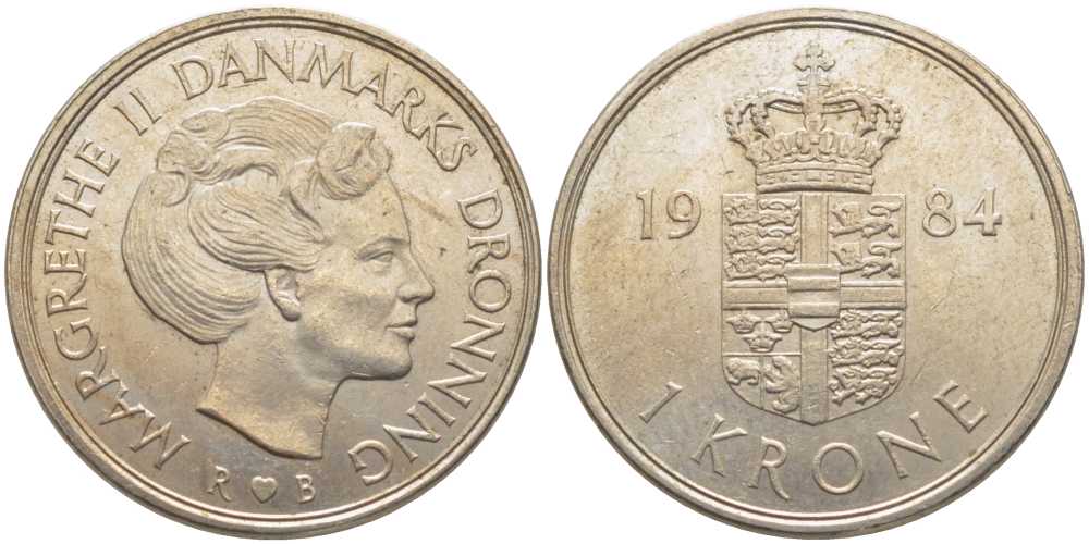 ДАНИЯ 1 КРОНА 1984 R;B, МАРГАРЕТЕ II (1972-) KM 862.3 медно-никель 113-921