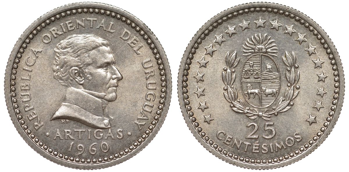 Уругвай 25 сентесимо 1960 KM 40 медно-никель 4576-856