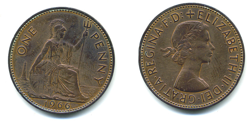 Великобритания 1 пенни 1966 Елизавета II (1952-2022) KM 897, Spink 4157 бронза 25-533