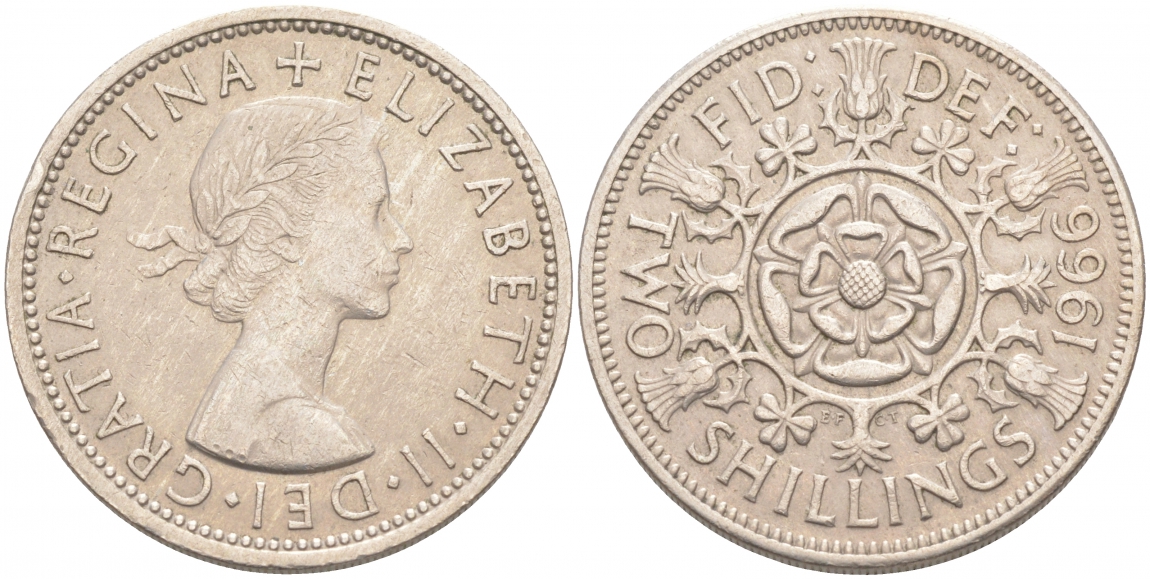 Великобритания 2 шиллинга (флорин) 1966 Елизавета II (1952-2022) KM 906, Spink 4146 медно-никель 69-213