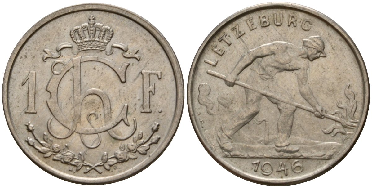 Люксембург 1 франк 1946 Шарлотта (1918-1964), сталевар KM 46.1 медно-никель 4603-1114