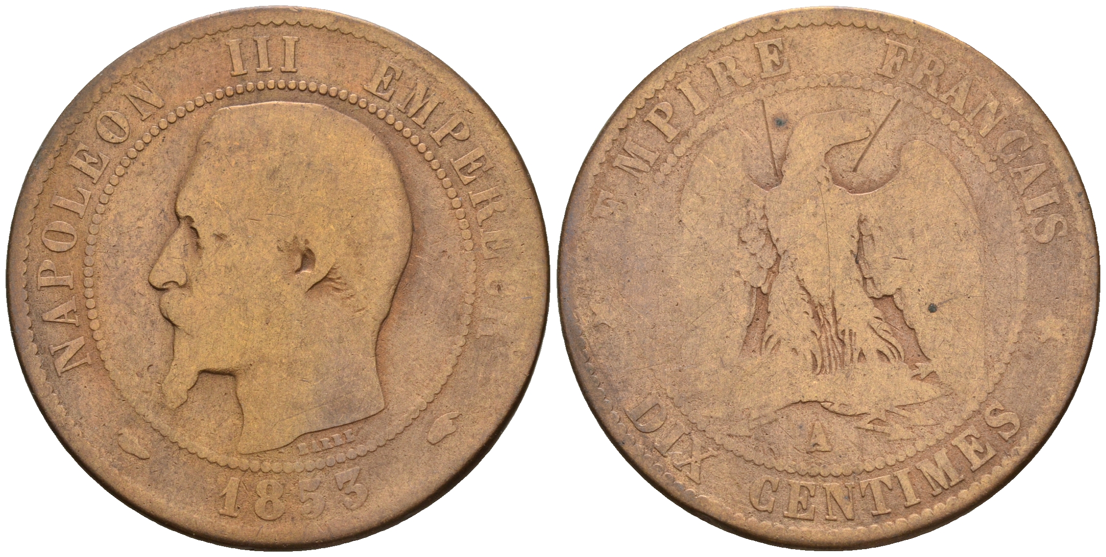 Франция 10 сантимов 1853 A, Наполеон III (1852-1870) KM 771.1 бронза 221-436