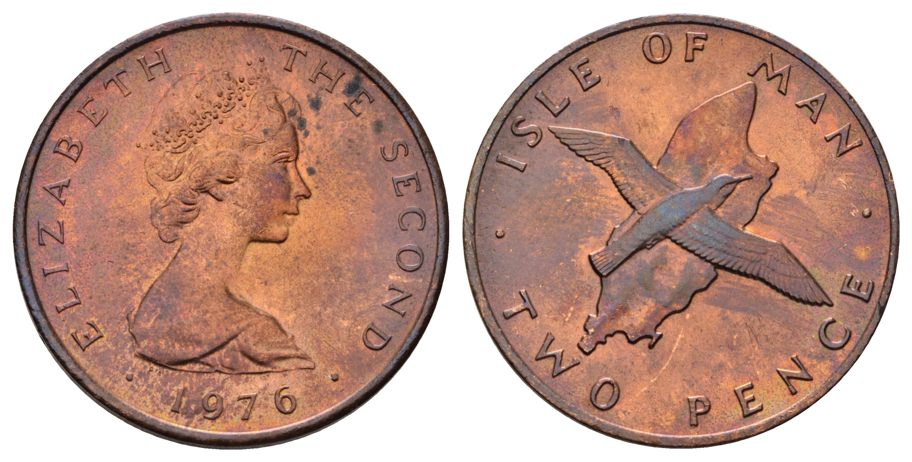 Остров Мэн 2 пенса 1976 птица, Елизавета II (1952-2022) KM 34 бронза UNC 4666-346