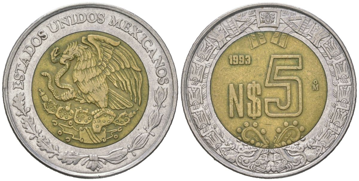 Мексика 5 новых песо 1993 Mo KM 552 биметалл 186-646