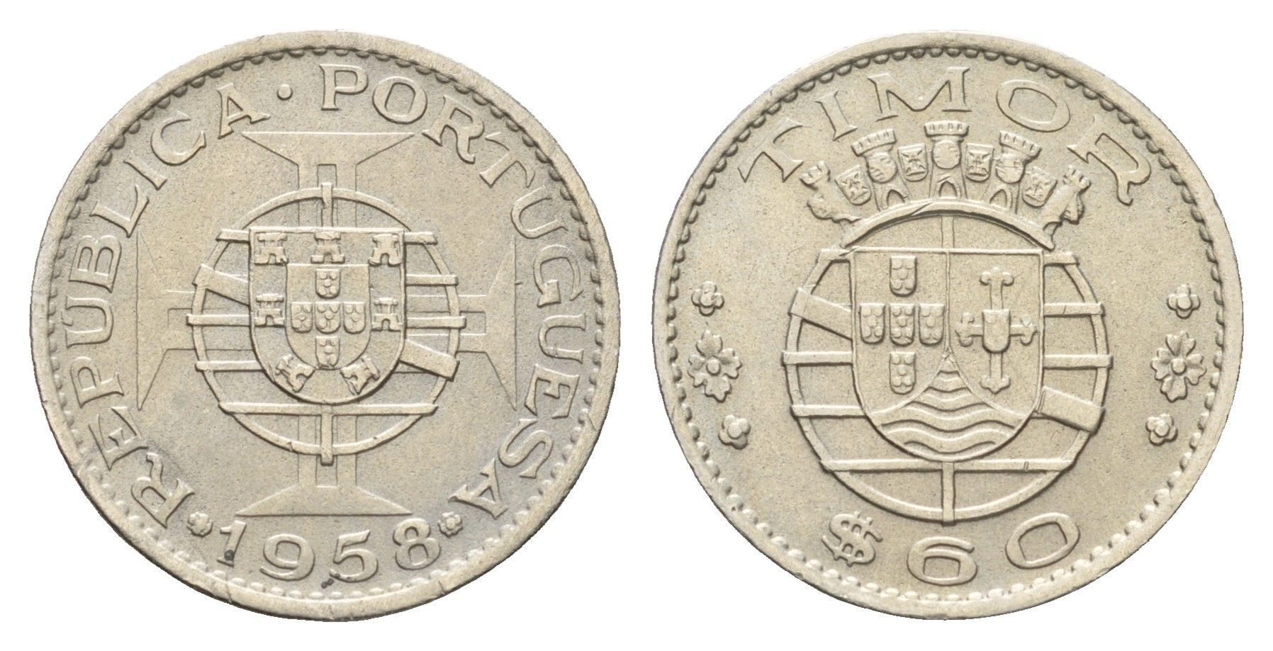 Португальский Тимор 60 сентаво 1958 год-тип KM 12 медь цинк никель 4669-741