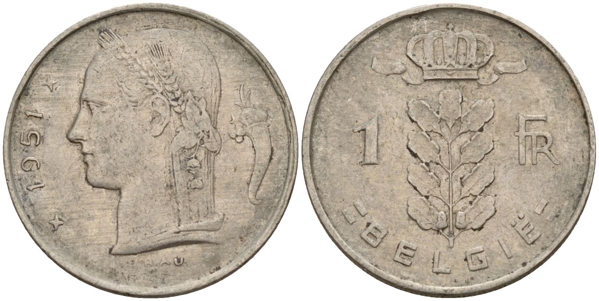 Бельгия 1 франк 1951 Belgie KM 143 медно-никель 4152-426