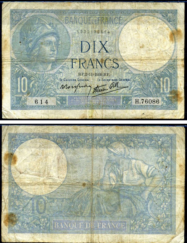 Франция 10 франков 1939 Pick 84 бумага 7219-24-1-2