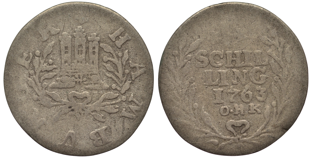 Гамбург 1 шиллинг 1763 O.H.K. Отто Генрих Кнорре (1761-1805) KM 160 серебро 413-5315