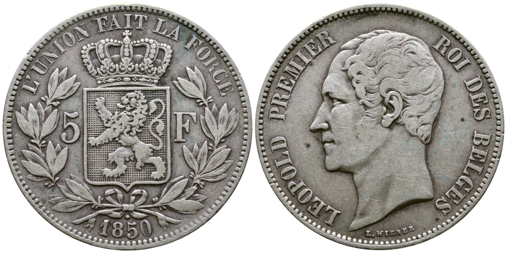 Бельгия 5 франков 1850 Леопольд I (1831-1865), точка над датой KM 17 серебро 74-1133