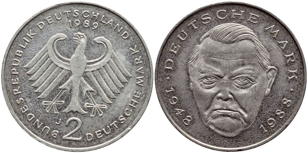 ФРГ 2 МАРКИ 1989 J, ЭРХАРД ЛЮДВИГ КМ 170 J.445 медно-никель плакированный никелем 80-1131
