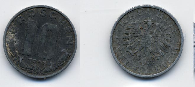 АВСТРИЯ 10 ГРОШЕЙ 1948 KM 2874 цинк 36-1112