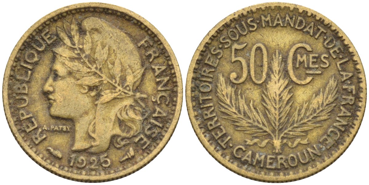 Французский Камерун 50 сантимов 1925 (а), монетный двор Париж KM 1 алюминиевая бронза 4164-1228