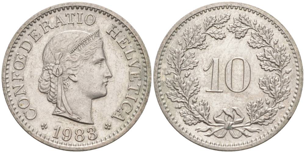 ШВЕЙЦАРИЯ 10 РАППЕНОВ 1983 KM 27 медно-никель 55-521