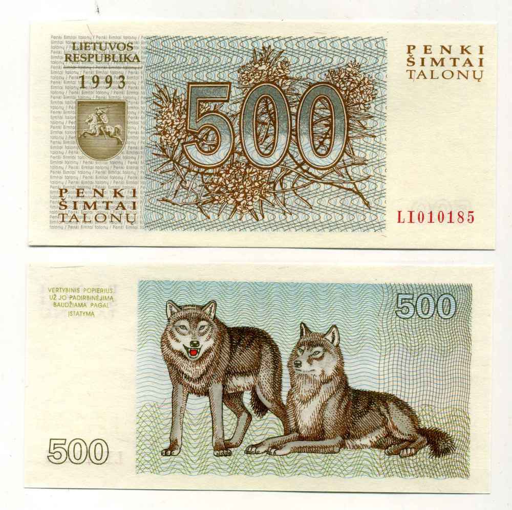 Литва 500 талонов 1993 волки, серия LI Pick 46, Сергеев 50 бумага UNC (пресс) 8589-7-4-2