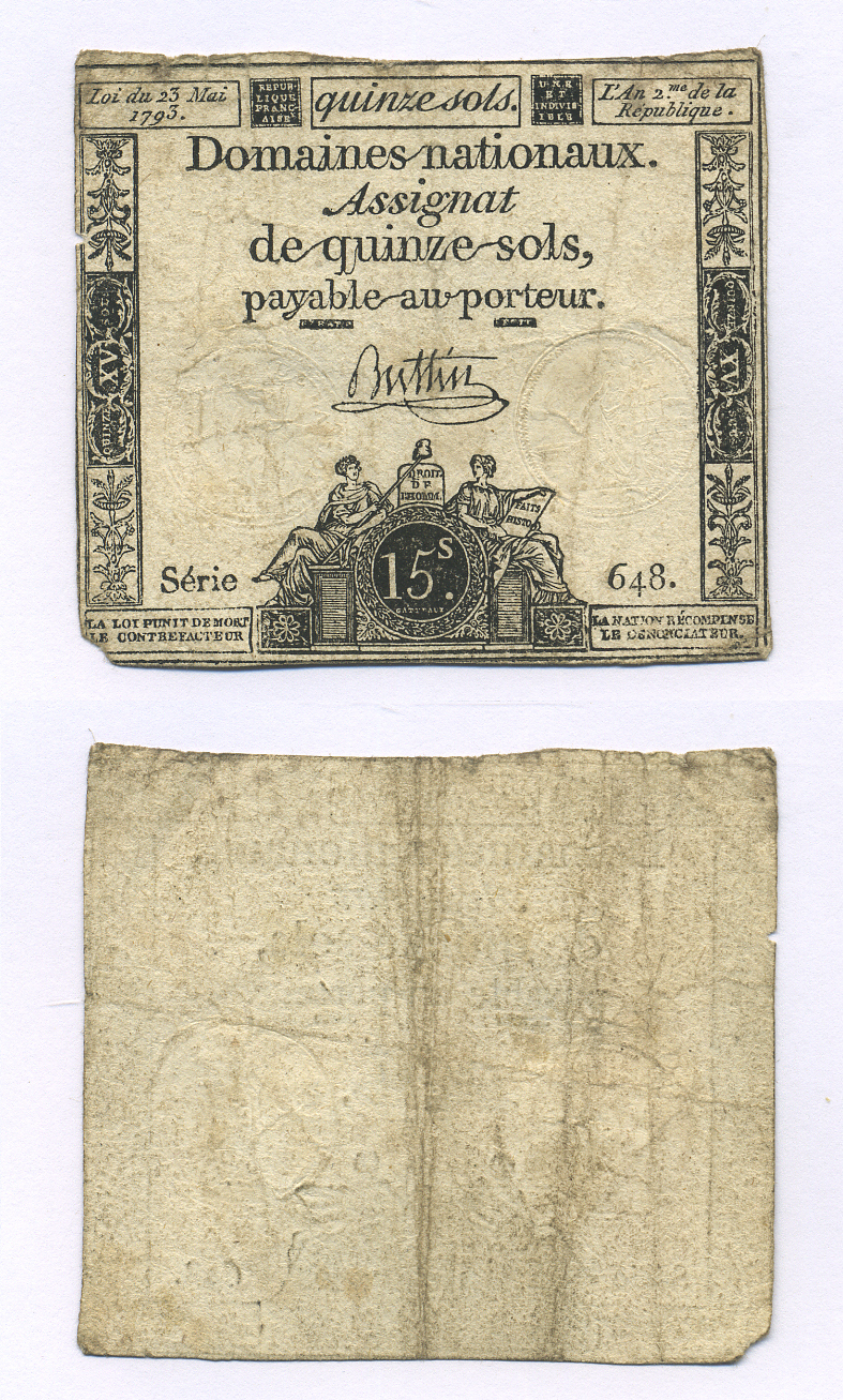 Франция 15 соль 1793 водяной знак RF Pick А69b  бумага   6300-37-3-1