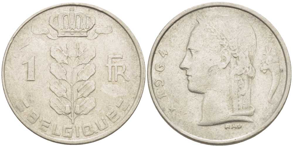 БЕЛЬГИЯ 1 ФРАНК 1964 BELGIQUE, БОДУЭН I (1951-1993) KM 142.1 медно-никель 213-516