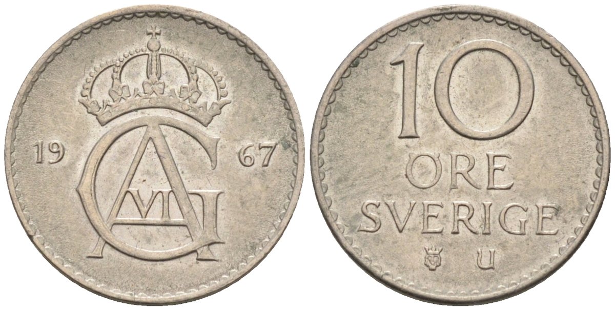 Швеция 10 эре 1967 U, Густав VI Адольф (1950-1973) KM 835 медно-никель 4585-367
