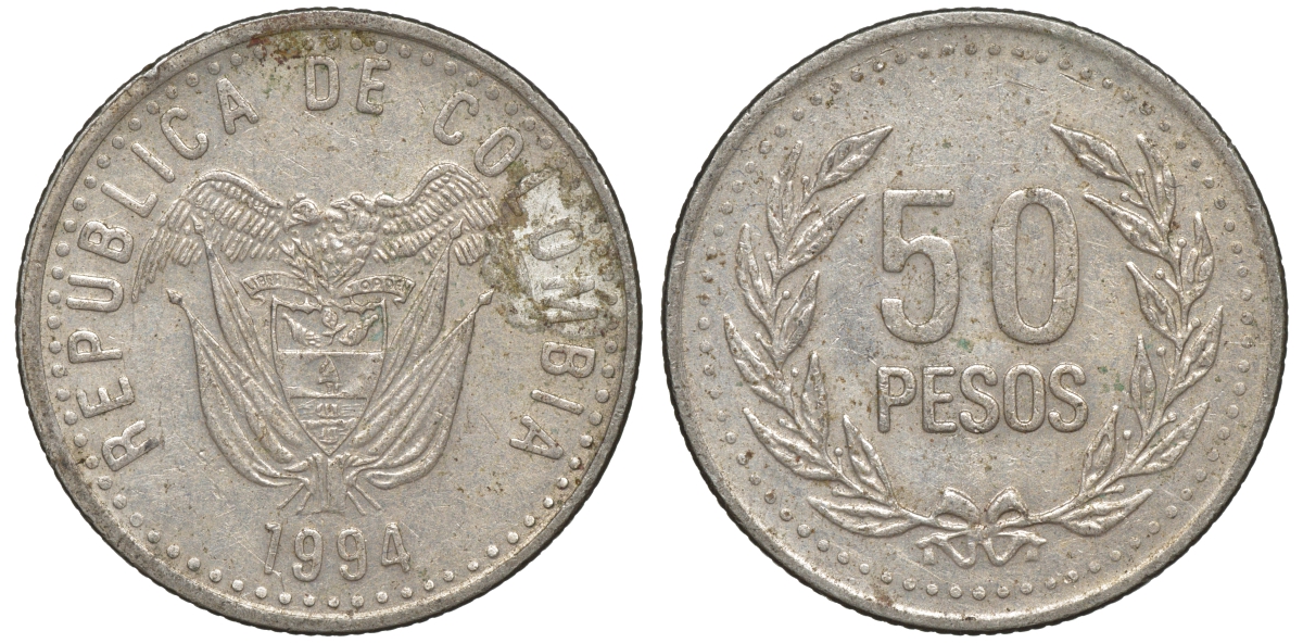 Колумбия 50 песо 1994 KM 283 медь цинк никель 4606-446