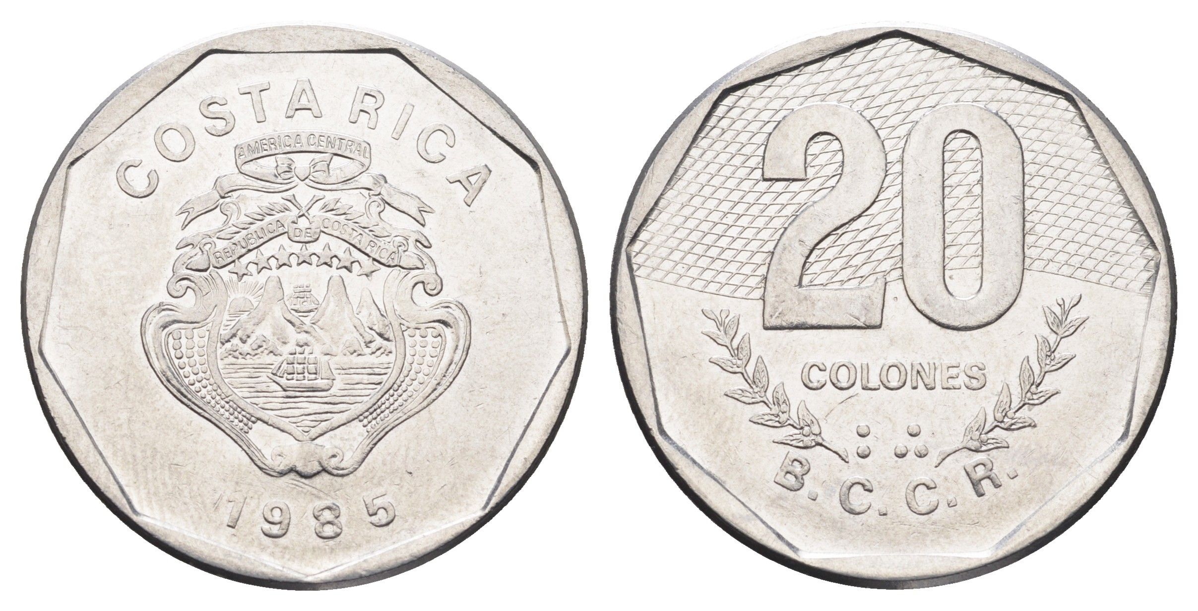 Коста-Рика 20 колонов 1985 год-тип KM 216.2 нержавеющая сталь 4661-1132