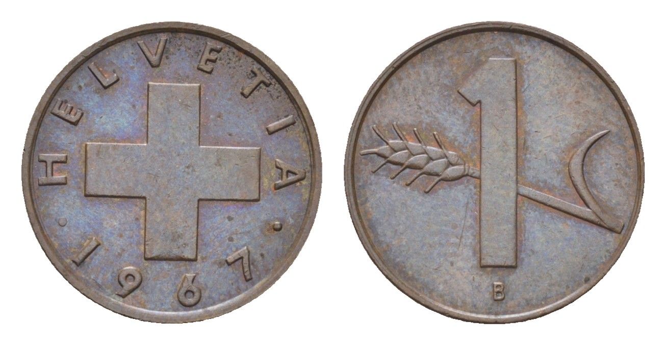 Швейцария 1 раппен 1967 B KM 46 бронза 4708-251