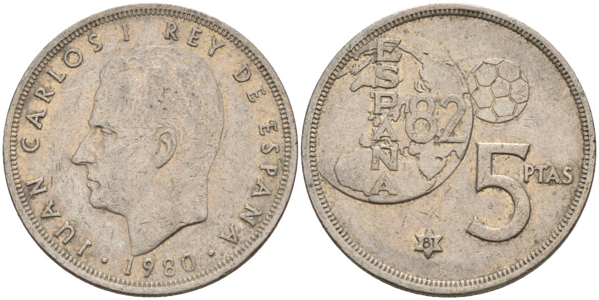 Испания 5 песет 1980 (81) Хуан Карлос I (1975 - 2014) KM 817 медно-никель 4155-756