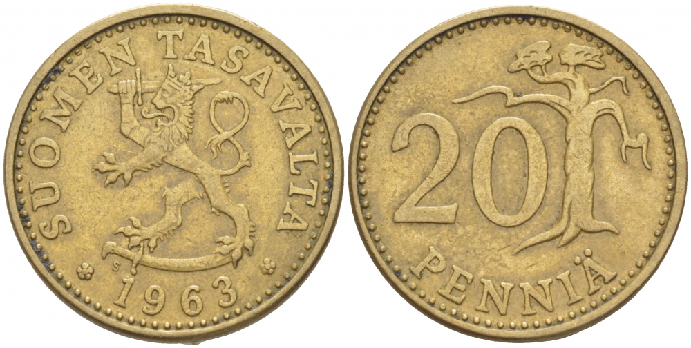 ФИНЛЯНДИЯ 20 ПЕННИ 1963 S ПЕРВЫЙ ГОД KM 47 алюминиевая бронза 3718-1153