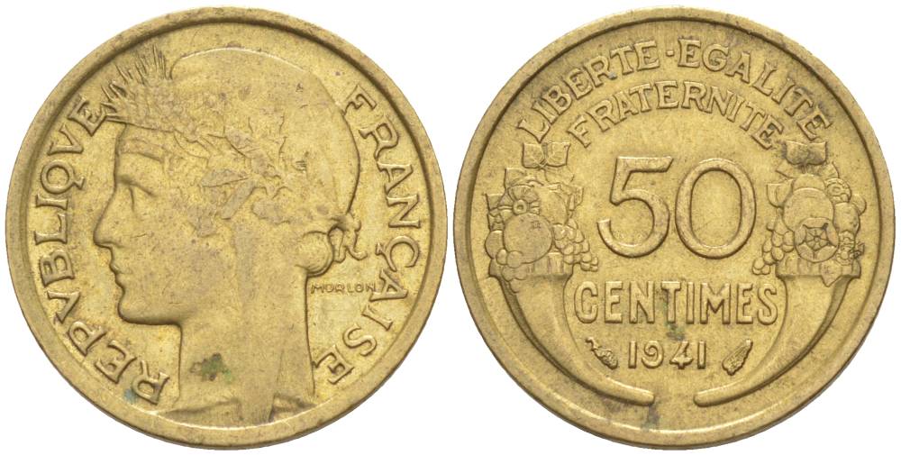 ФРАНЦИЯ 50 САНТИМОВ 1941 ТИП MORLON KM 894.1, LE FRANC 192.18 алюминиевая бронза 44-542