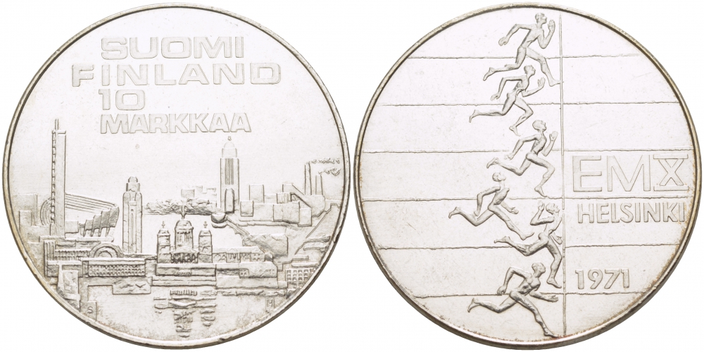 Финляндия 10 марок 1971 S-H, X Чемпионат Европы по легкой атлетике KM 52 серебро UNC 1515-1341