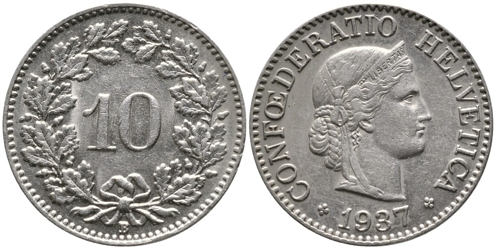 ШВЕЙЦАРИЯ 10 РАППЕНОВ 1937 В KM 27b никель 4539-436