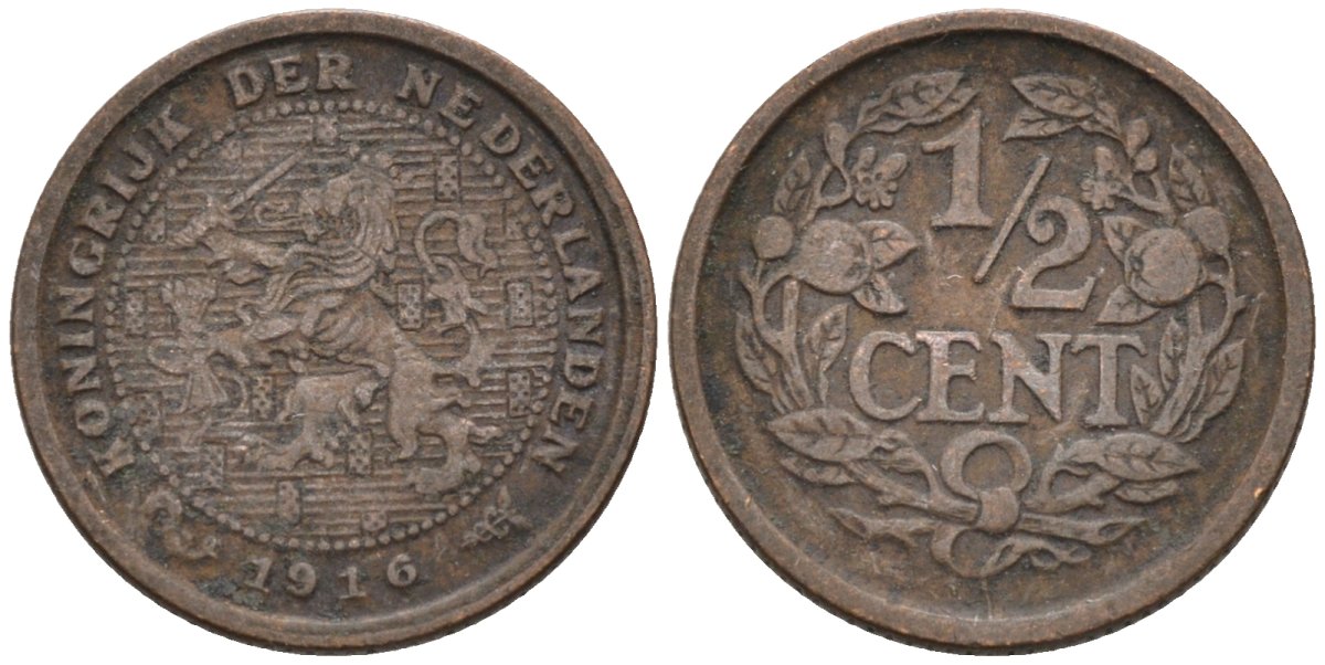 Нидерланды 1/2 цента 1916 Вильгельмина (1890-1948) KM 138 бронза 4576-365