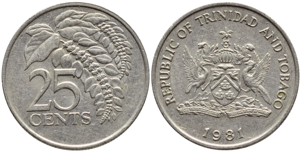 Тринидад и Тобаго 25 центов 1981 цветок дикая пуансеттия KM 32 медно-никель 4396-765